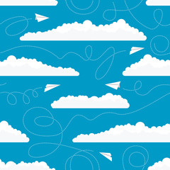 Vector seamless pattern with white paper airplanes flying among white clouds in the blue sky