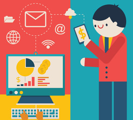 Businessman Gets all the Information and Data he needs from the Dashboard that's in the desk at the Office