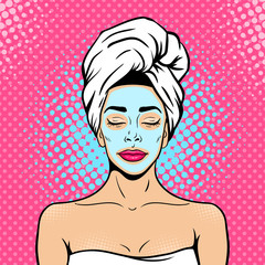 Pop art female face. Sexy young woman with closed eyes in bath towel with cosmetic mask on her face smiling and relaxing. Vector bright background in pop art retro comic style.