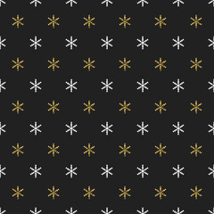 Christmas New Year seamless pattern with snowflakes. Holiday background. Gold snowflakes. Xmas winter decoration. Golden texture. Hand drawn vector illustration. Snow pattern. Wrapping gift paper.