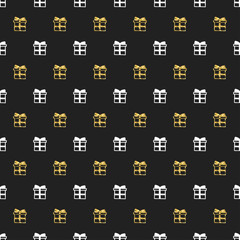 Christmas New Year seamless pattern with gift present. Holiday black background. Gold white gift. Xmas winter doodle decoration. Golden texture. Hand drawn vector illustration. Wrapping gift paper.