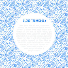Cloud computing technology concept with thin line icons related to hosting, server storage, cloud management, data security, mobile and desktop memory. Vector illustration.