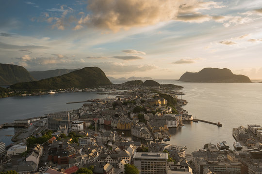Cityscape image of Alesund at sunset in summer, Norway