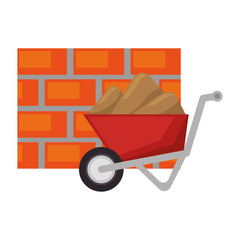 wheelbarrow construction with bricks wall vector illustration design