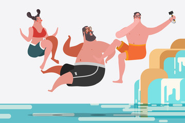 Cartoon character design illustration. Teenage boys and girls jumping waterfalls