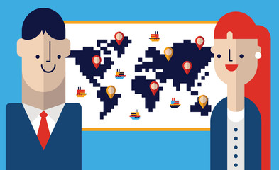 Businessman and Businesswoman Look at a Map with Global Positioning System dots all over it to Asses Worldwide Logistics of Item Distributions on the Economy