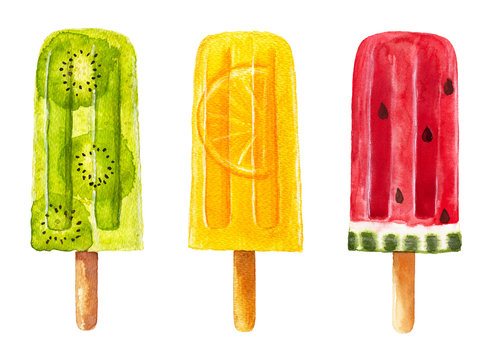 Set of fruit popsicle. Watercolor illustration.