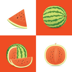 Fresh and juicy red watermelon and slices. Eat tropical fruits watermelons.