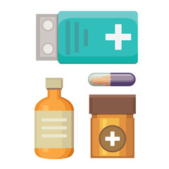 Cartoon medicaments. Different medical pills and bottles, healthcare and shopping, pharmacy, drug store. Vector illustration in flat style