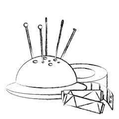 sewing thread tubes with pincushion and tape measure vector illustration design