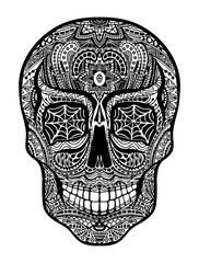 Tattoo skull, black and white illustration on white background, Day of the dead symbol.