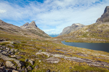 Fototapeta na wymiar Panorama of summer landscape in Norway - river, stones, mountings