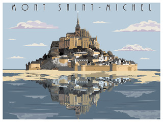 Mont Saint-Michel, Normandy, France. Handmade drawing vector. Vintage style.