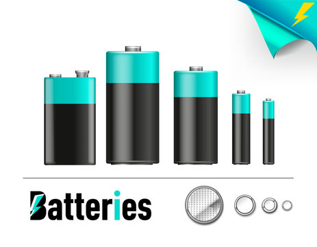 Set of blue realistic indicators of battery level different sizes. Vector illustration  icons
