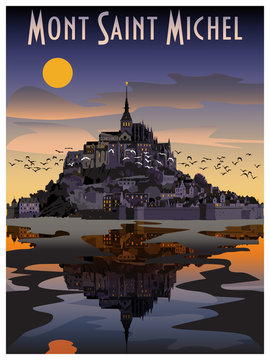 The Abbey of Mont St-Michel at night, Normandy, France. Handmade drawing vector.
