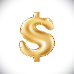 Balloon Dollar currency symbol. Realistic 3D isolated gold helium balloon abc alphabet golden font text. Special sign decoration element for birthday or wedding greeting design on white background