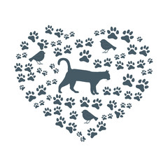 Silhouette walking cat inside the heart from tracks and birds. Health care, vet, nutrition, exhibition.