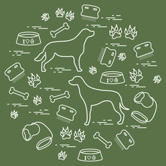 Cute vector illustration goods to care for dogs arranged in a circle.  Health care, vet, nutrition, exhibition.