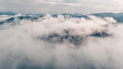 amazing view of mountains in the morning mist. aerial photography