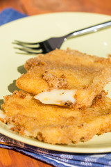 Melting fried cheese served on the plate with metal fork in the background