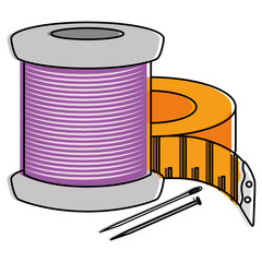 sewing thread tubes with needle and tape measure vector illustration design