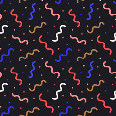 Memphis style wavy lines seamless vector pattern with dots and spots. Colorful funky background texture for print, textile, web, or any use.