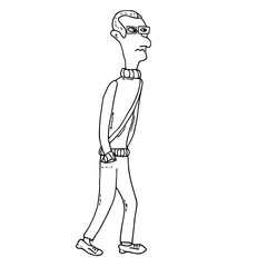 Intellectual man in glasses, exhibition visitor, walking guy. Hand drawn artistic cartoon sketch. 