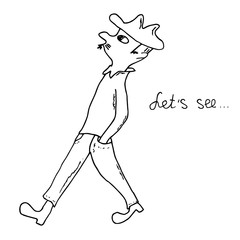 Walking man in a hat with a mustache. Let's see cartoon illustration. Artistic hand drawn sketch.
