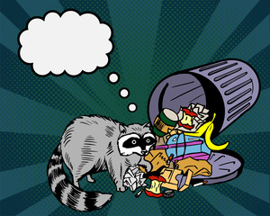 Raccoon eats from the trash and thinks about... A garbage can of street thief and homeless. Comic thinking bubble. Pop art illustration on an dark background.