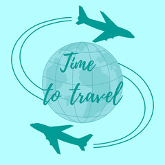 Cute vector illustration of aircraft flying around the globe.