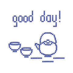 Cute vector illustration cross embroidery of teapot with two cups.