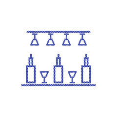 Cute vector illustration cross embroidery of bar. Bottles and glasses.