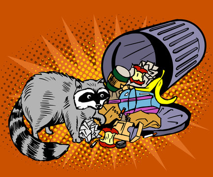 Raccoon eats from the trash. A garbage can of street thief and homeless. Pop art illustration on an orange background