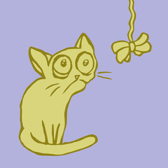  funny strange flat cartoon mustard cat sitting and looking on bow. vector illustration