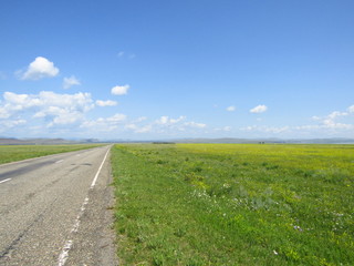 Asphalt road through the meadows on the background of sky with clouds