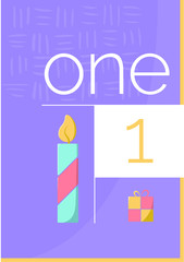 Happy birthday 1 year greeting card with gift and candle / Vector icon of happy birthday 1 year greeting card with gift and candle