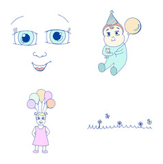 Vector set of baby with balloon and baby face / Vector set of baby with balloon and baby face against white background