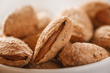 Almond in shell macro shot, selective focus