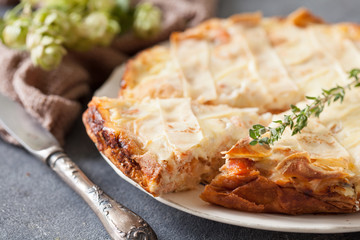 Fresh round fish pie on dark background