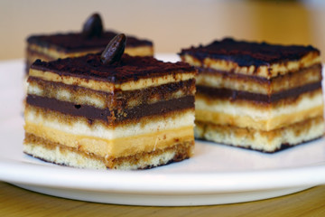 Square slices of opera chocolate cake