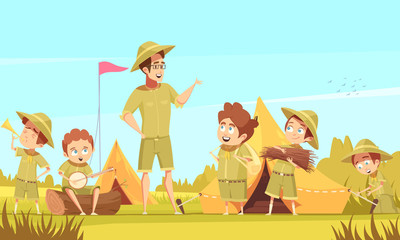 Scouts Camping Retro Cartoon Poster 