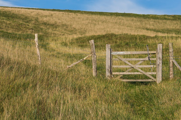 Fototapeta premium Rustic, country wooden gate in an English Field near the South Downs, England. No people