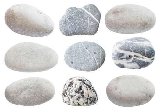 set of various gray natural sea pebble stones