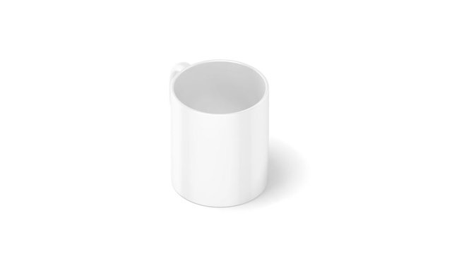 Blank white coffee mug mockup isolated, looped rotation, 3d rendering. Clear 11 oz coffee cup mock up for sublimation printing for branding. Glassy restaurant tankard design, isometric side view.