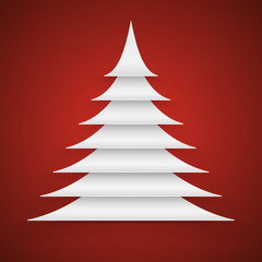 Paper cut Christmas tree on red background.