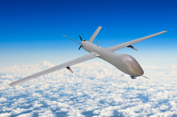 Unmanned military aircraft background blue sky clouds