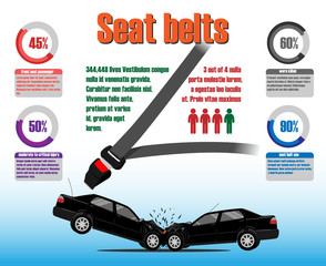 Seat belt statistics. Infographics vector template. Traffic crash illustration 