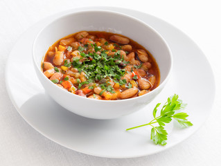 cranberry beans stewed with carrot, onion, garlic, tomato, bell pepper, and parsley in olive and pumpkin oil