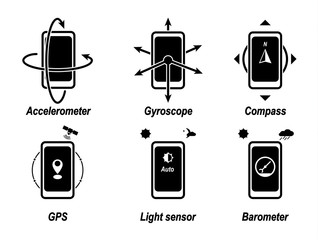 Accelerometer, gyroscope, compass, GPS, light sensor, barometer. Important phone functions. Black icon.