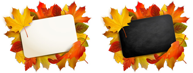 Schild mit Herbstlaub Rahmen - Vorlagen Set, hell und mit schwarzer Kreidetafel Textur